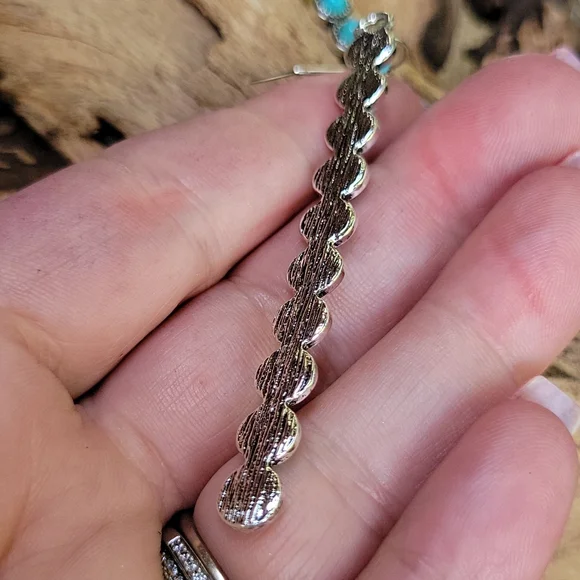 Turquoise Silvertone Long Drop Southwestern Boho Dangle Earrings - Picture 3 of 7